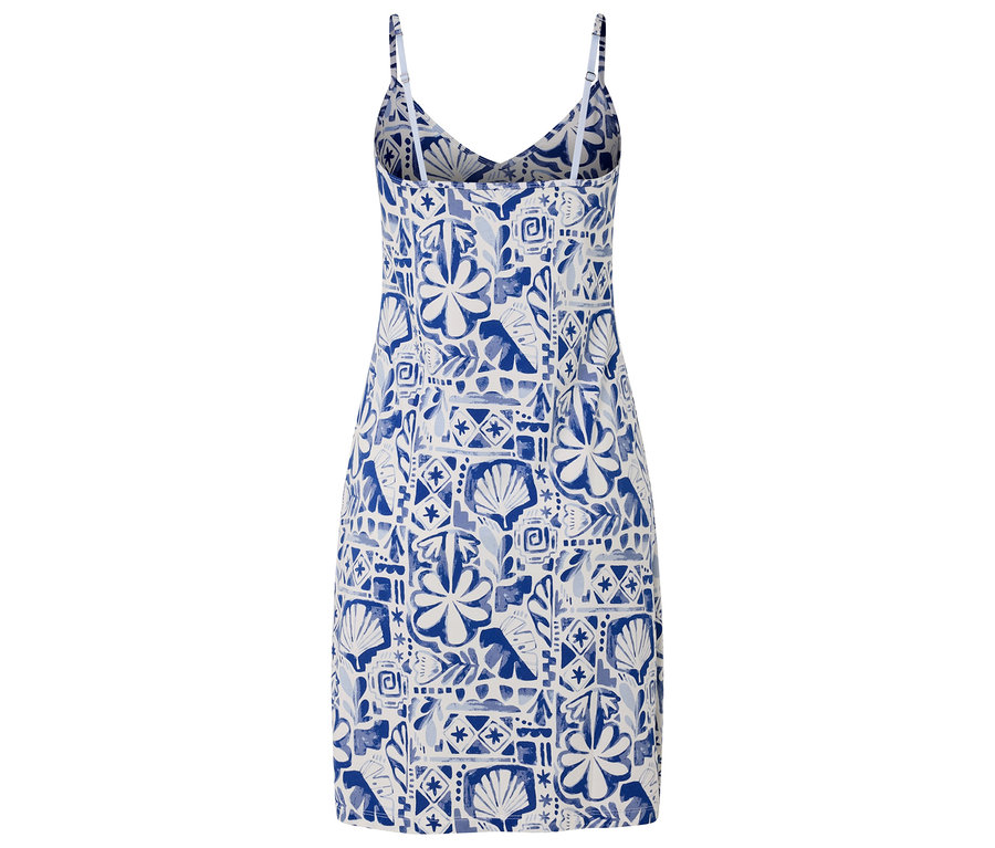 Vue arrière d'une robe sans manches à motifs bleu et blanc.