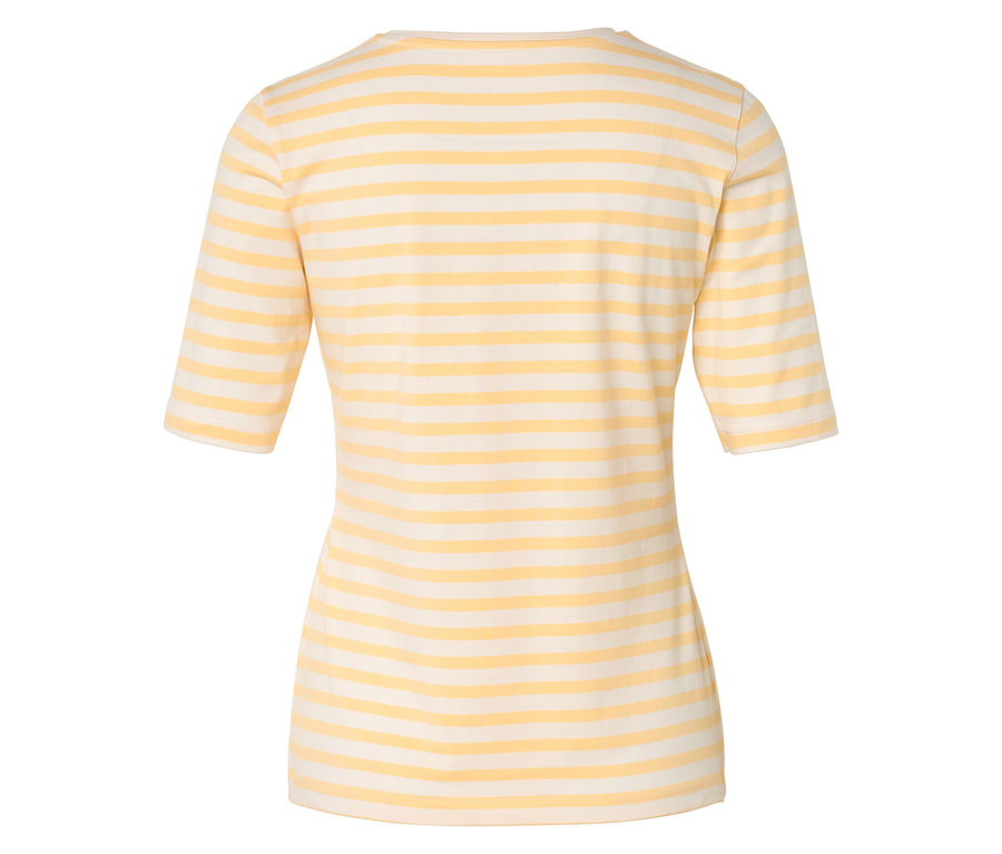 Vue arrière d'un t-shirt à rayures jaunes et blanches avec des manches à mi-longueur.