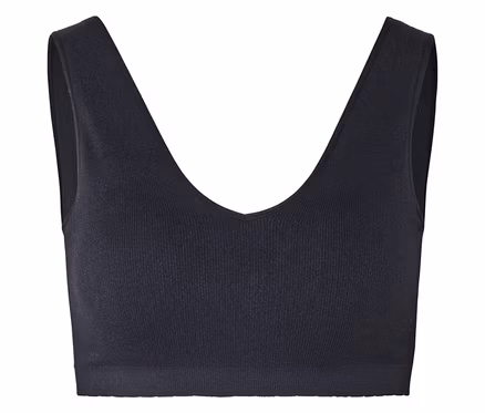 Bustier noir côtelé avec encolure en V et larges bretelles.
