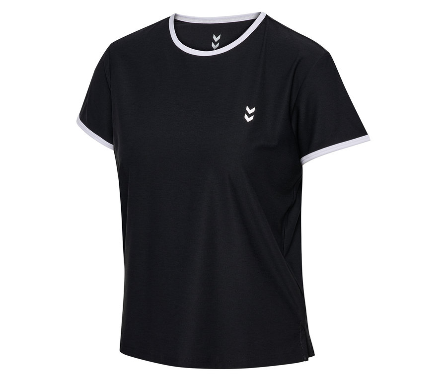 T-shirt HUMMEL pour femme noir avec des détails blancs sur les manches et le col, et un logo blanc sur la poitrine.