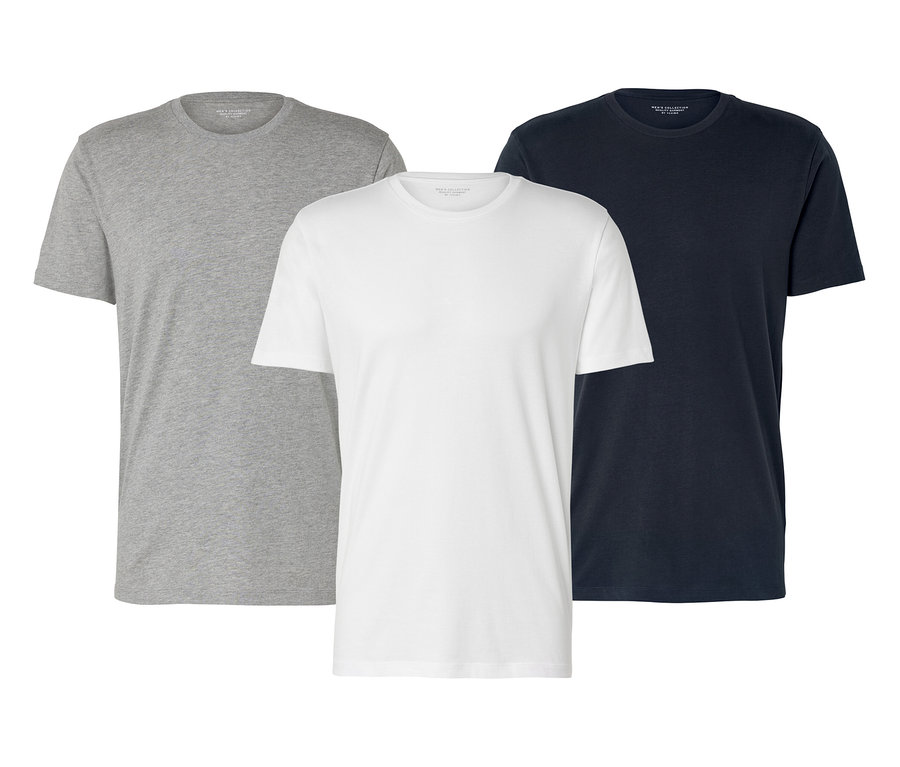 Trois t-shirts à encolure ronde gris, blanc et bleu marine sont visibles.