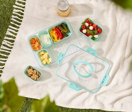 Sur une couverture se trouvent une boîte à lunch avec des mandarines, de la sauce, des poivrons, des cornichons et des morceaux de fromage, un bol de crackers et un bol de brochettes de tomates et de mozzarella.