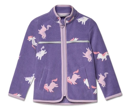 Veste en polaire violette à fermeture éclair intégrale avec motif de licorne.