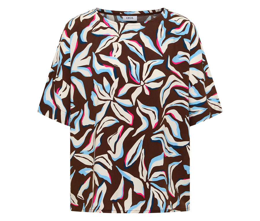Gros plan sur un chemisier à manches courtes CECIL avec un fond marron et un motif floral bleu, blanc et rose.