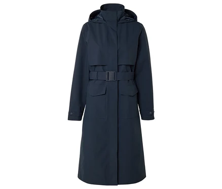 Imperméable long bleu marine avec capuche et ceinture à boucle.