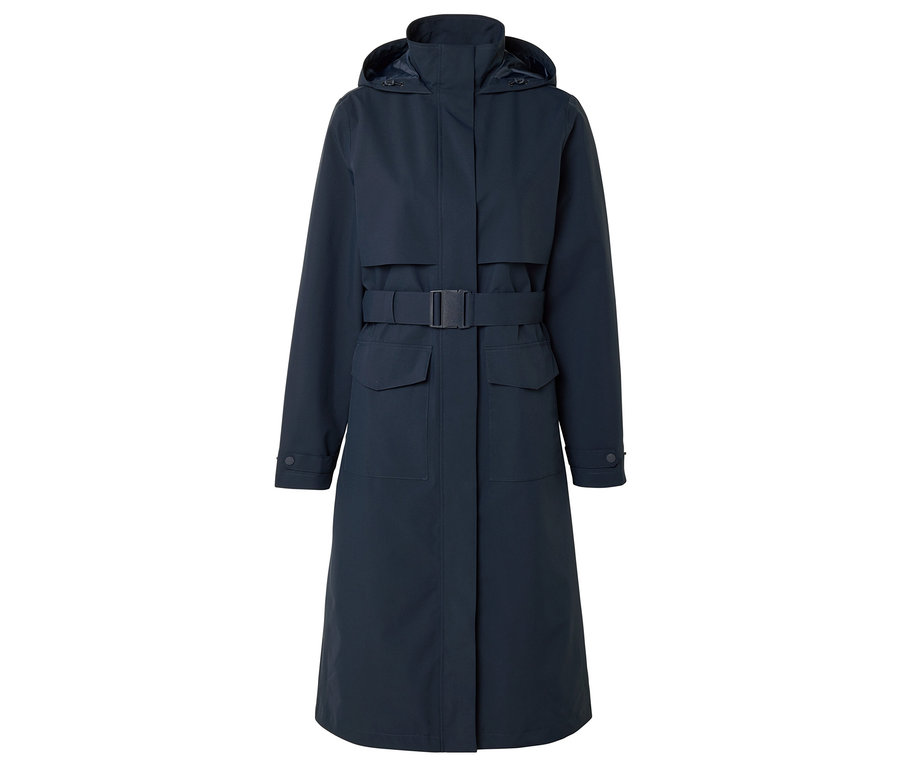 Imperméable long bleu marine avec capuche et ceinture à boucle.