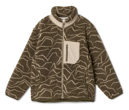 Veste polaire vert olive avec un motif abstrait beige ondulé, une fermeture éclair intégrale, un col montant et une poche poitrine zippée.