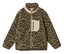 Veste polaire vert olive avec un motif abstrait beige ondulé, une fermeture éclair intégrale, un col montant et une poche poitrine zippée.