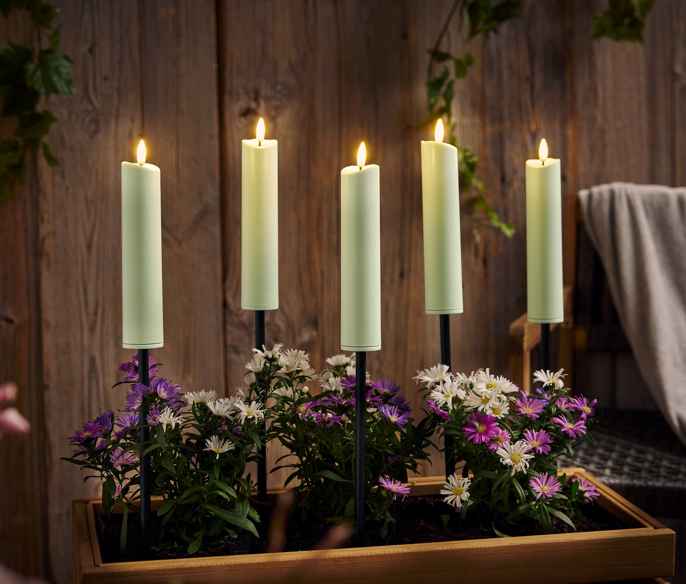 Cinq bougies vertes allumées dans une boîte en bois avec des fleurs violettes et blanches devant un mur en bois.