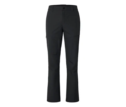 Pantalon noir avec une poche zippée sur la cuisse gauche, fermeture boutonnée et zippée à l'avant.