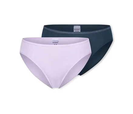 Deux culottes pour femmes, une violet clair et une bleu foncé, se chevauchant sur un fond blanc.