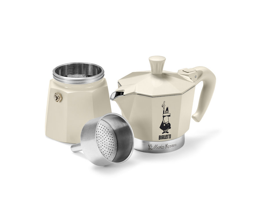 Une cafetière à expresso « Bialetti Moka Express » 190 ml, Crema démontée.
