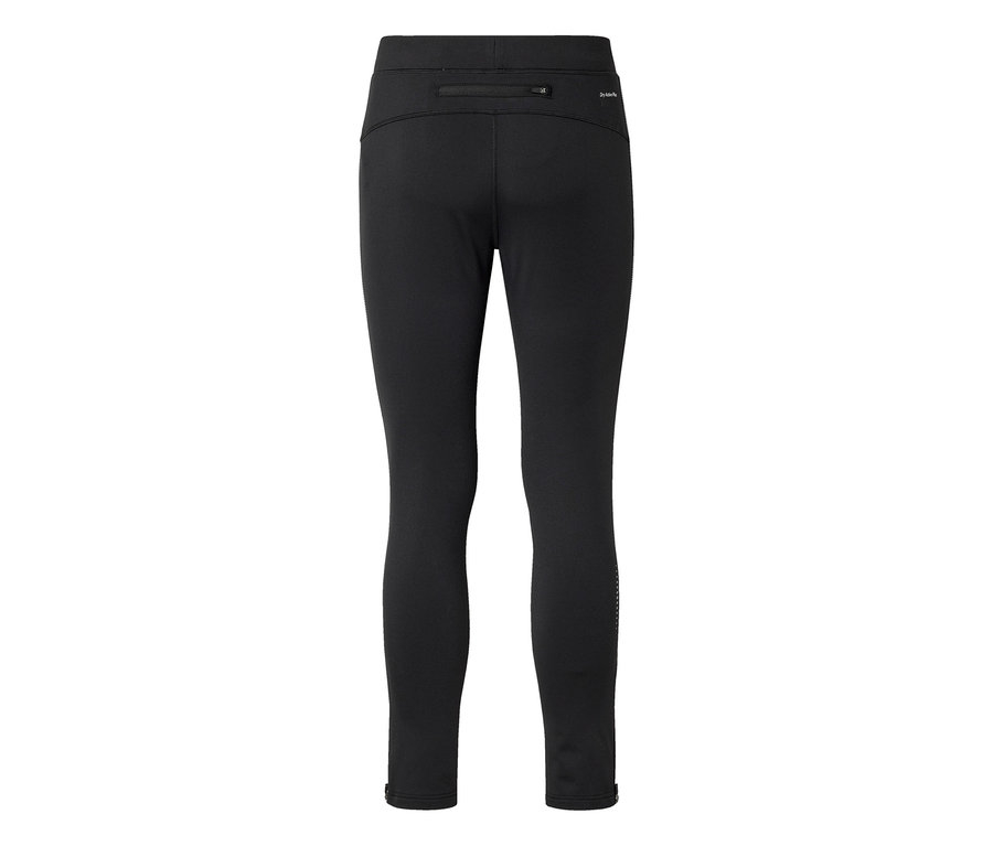 Legging noir vu de dos, avec une poche zippée à la taille, un petit logo blanc et des points réfléchissants sur le bas de la jambe droite.