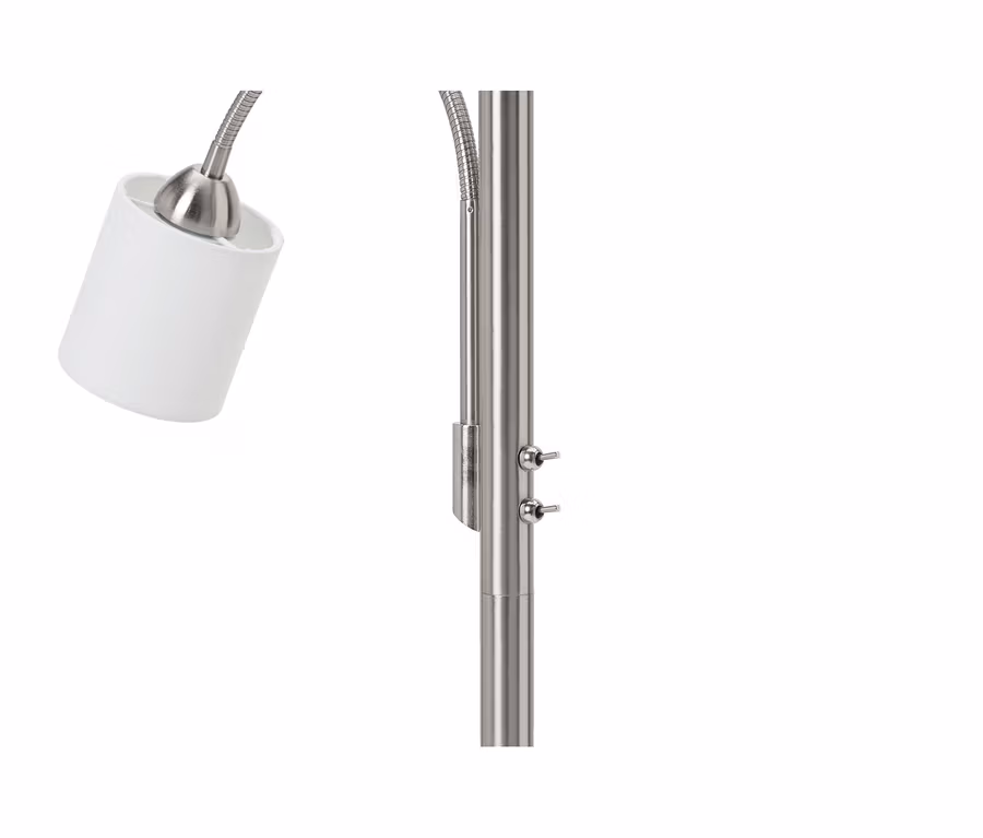 Gros plan sur un pied de lampe en métal brossé avec deux petits interrupteurs à bascule, un bras flexible argenté et un abat-jour cylindrique blanc.