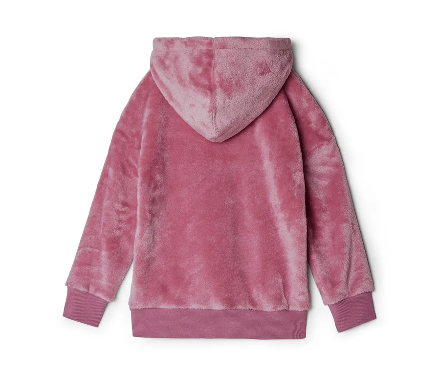 Vue de dos d'un sweat à capuche rose duveteux avec une capuche, des manches longues et des poignets et ourlet côtelés.