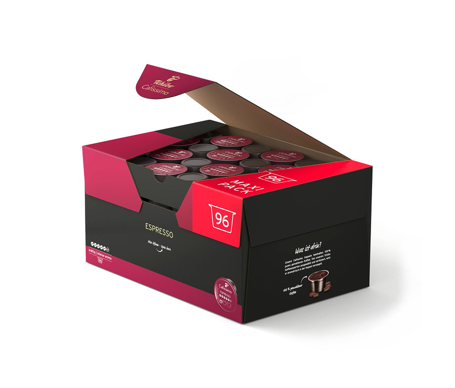 Boîte ouverte noire et magenta contenant 96 capsules de café Tchibo Cafissimo Espresso.