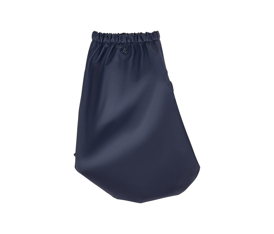 Jupe de pluie bleu foncé avec taille élastique et bouton-pression sur le devant.