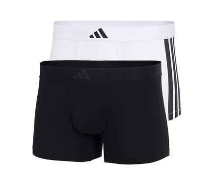 Deux boxers adidas Active Flex en coton, un noir et un blanc, le noir au premier plan, le blanc avec trois bandes sur le côté.