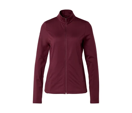 Veste bordeaux avec fermeture éclair intégrale et col montant.