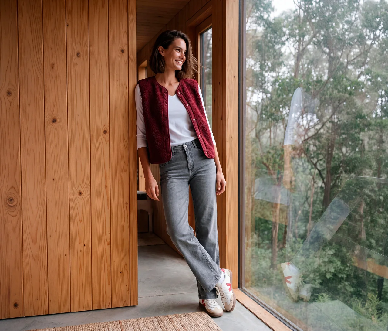 Une femme souriante vêtue d'un gilet rouge, d'un haut blanc à manches longues et d'un Jeans CECIL gris s'appuie contre un mur en bois près d'une grande fenêtre avec vue sur la forêt.