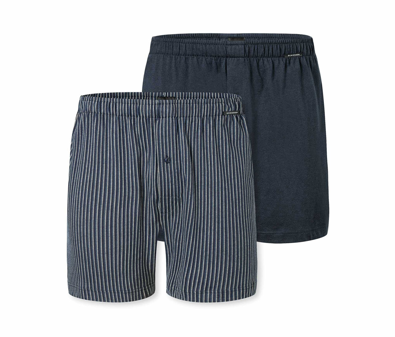 Deux boxers en jersey SCHIESSER, un bleu à rayures et un bleu foncé.