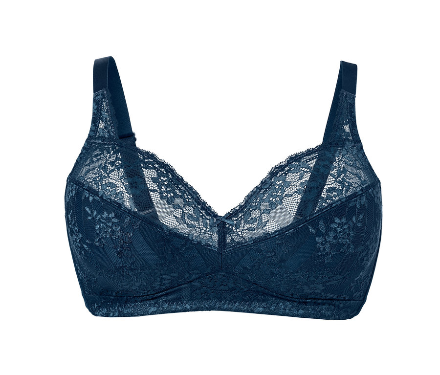Détail d'un soutien-gorge doux bleu en dentelle.