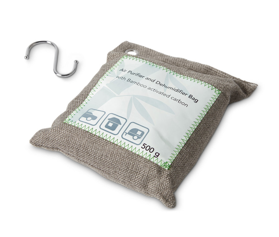Coussin purificateur d’air et absorbeur d’humidité gris avec crochet.