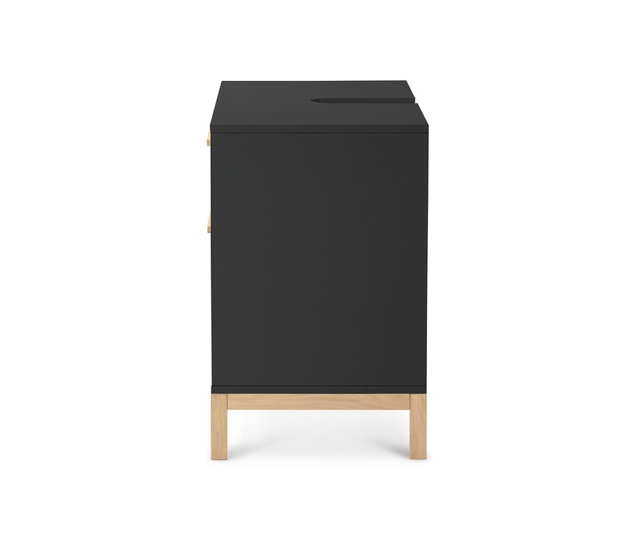 Vue latérale du meuble sous vasque noir « Eklund » à 2 tiroirs.
