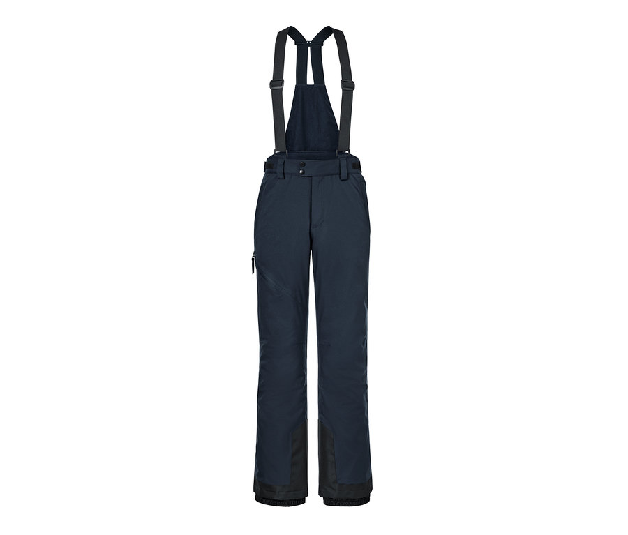 Pantalon de ski bleu foncé avec bretelles noires.