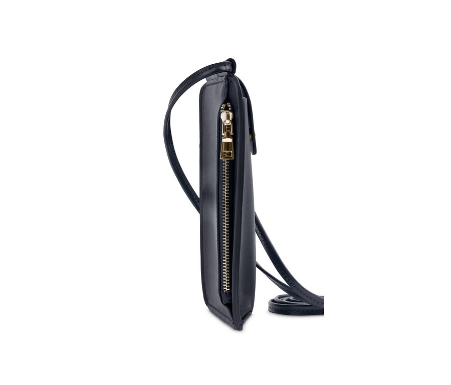 Gros plan d'une pochette pour téléphone portable bleue avec une fermeture éclair dorée.