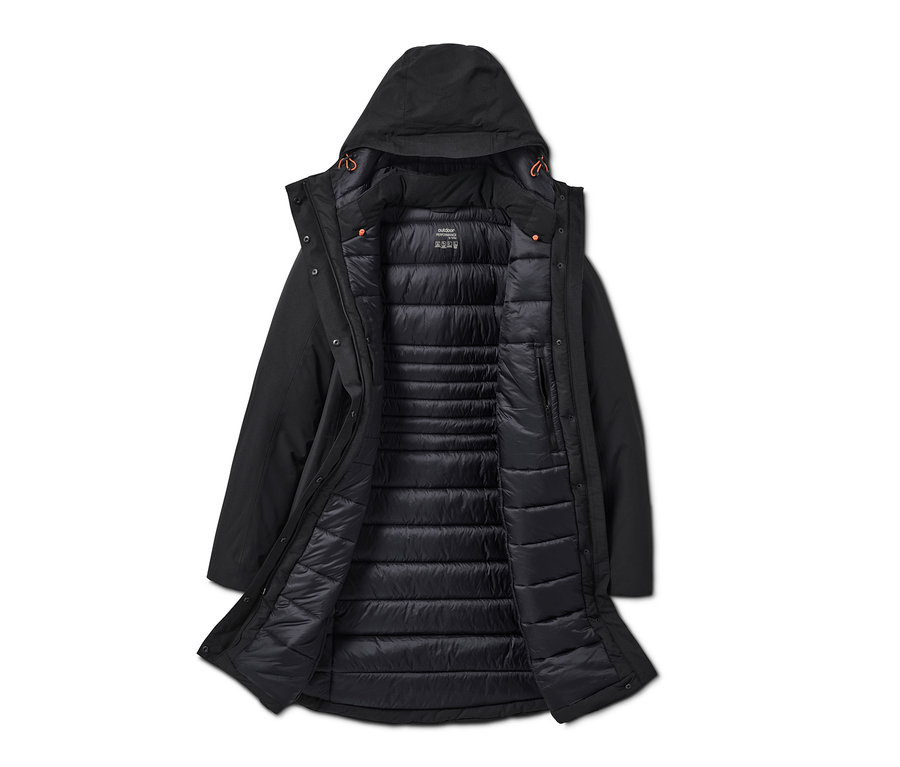 Manteau thermique anthracite ouvert avec capuche.