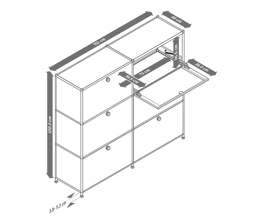 Schéma d'une commode en métal « CN3 » avec 6 compartiments à abattants, grande, avec des mesures.