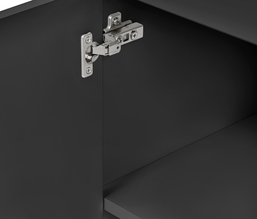 Détail de l'intérieur d'un meuble de salle de bains anthracite « Eklund » avec des charnières.