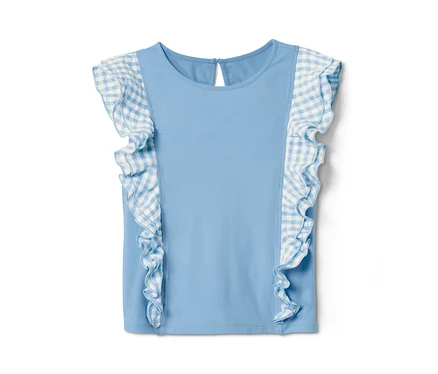 T-shirt bleu en coton bio avec des volants à carreaux.