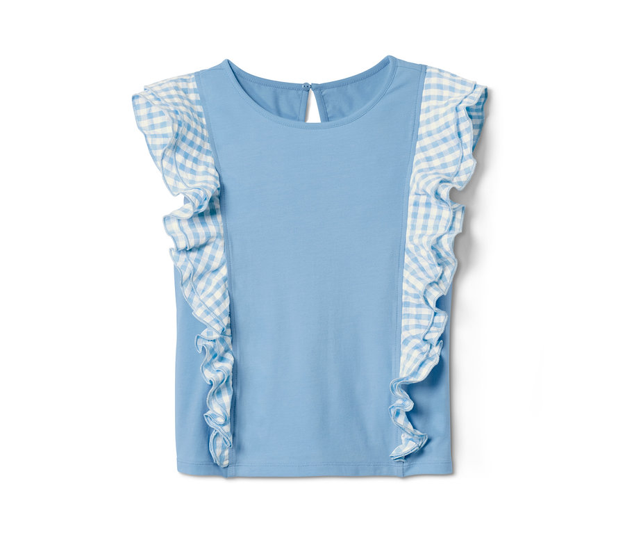 T-shirt bleu en coton bio avec des volants à carreaux.