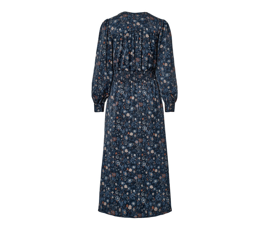 Vue détaillée de l'arrière d'une robe midi à fleurs.