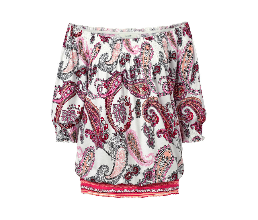 T-shirt blanc aux épaules dénudées avec un motif cachemire.