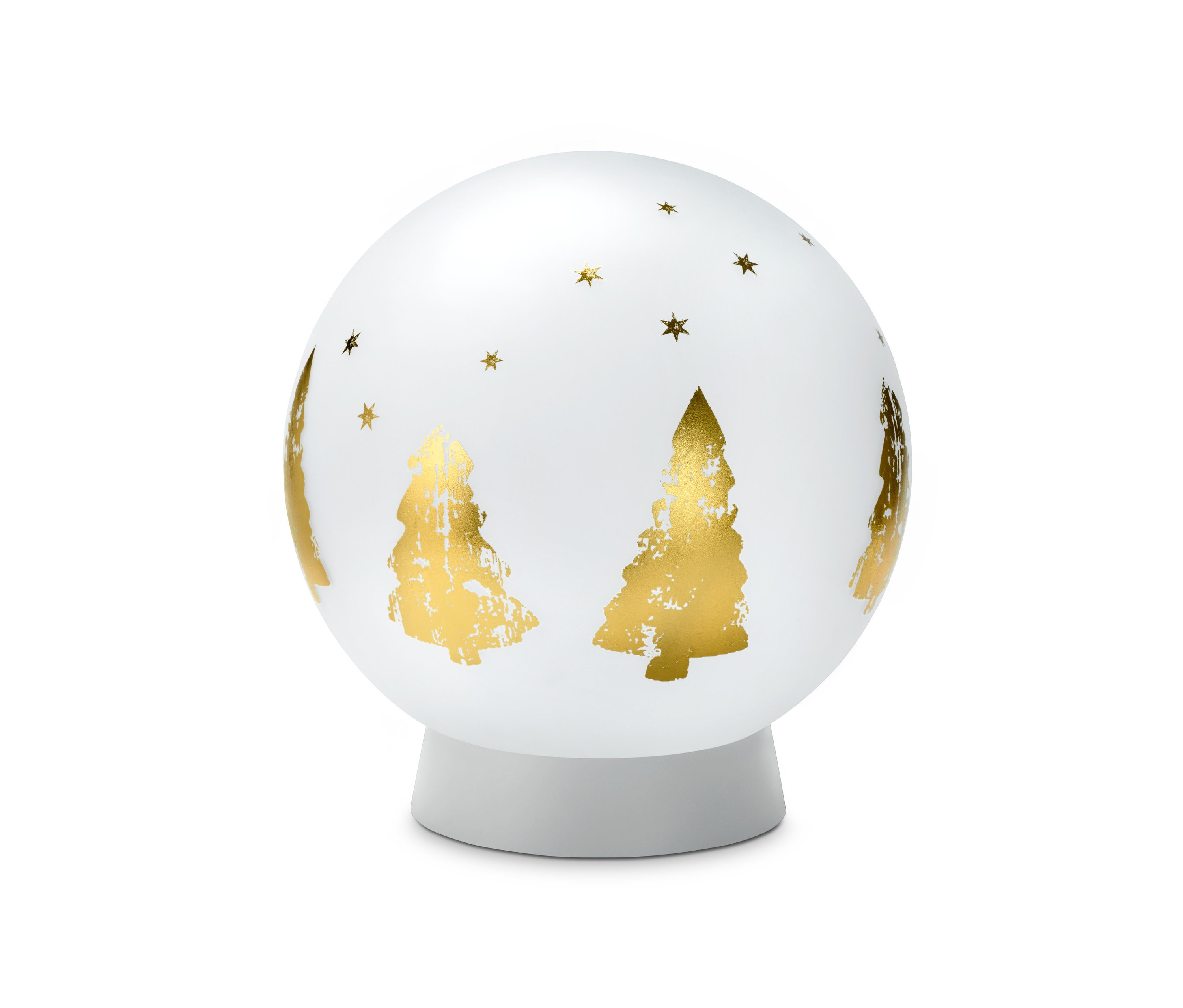 Une lampe solaire à globe en verre décorée de sapins de Noël et d'étoiles dorées.
