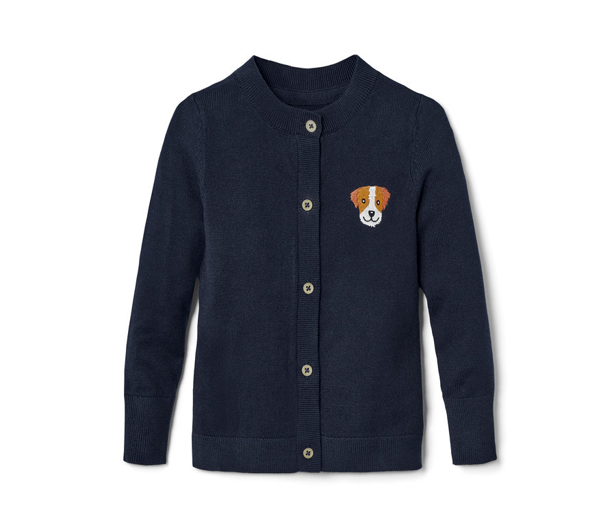 Veste en tricot marine TOUT-PETIT avec broderie tête de chien et boutons.