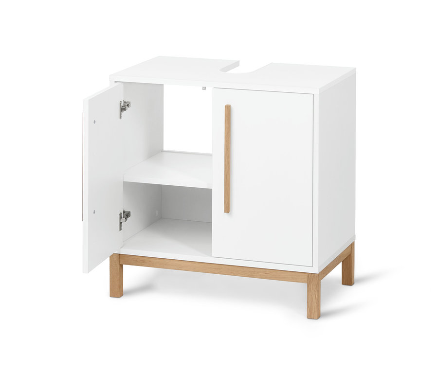 Meuble sous vasque « Eklund » blanc avec une porte ouverte révélant une étagère.