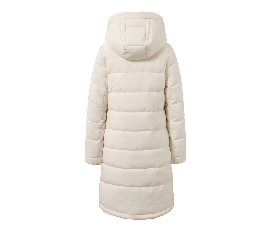 Vue arrière d'un manteau matelassé beige.