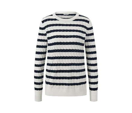 Pull en maille à rayures horizontales blanches et bleu marine à manches longues.