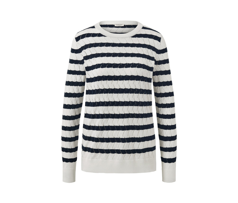 Pull en maille à rayures horizontales blanches et bleu marine à manches longues.