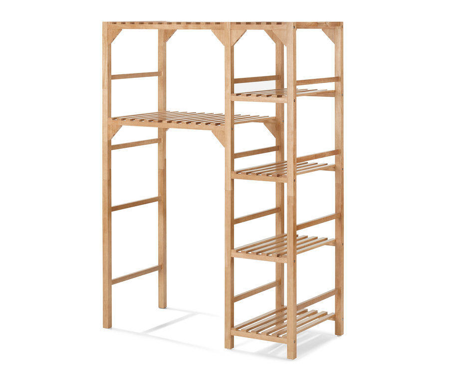 Étagère à machine à laver en bois avec élément latéral et plusieurs étagères.