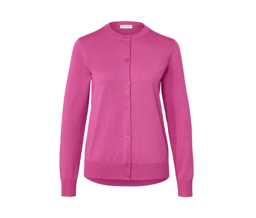 Cardigan rose en maille fine avec boutons.