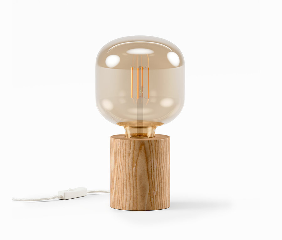 Lampe de table en bois avec une ampoule sphérique.