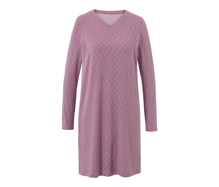 Chemise de nuit violette à manches longues avec motif de feuilles.