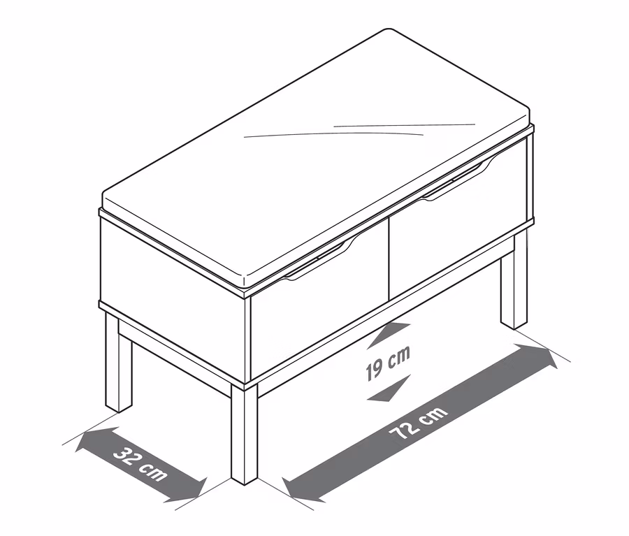 Schéma d'un banc avec tiroirs et dimensions.