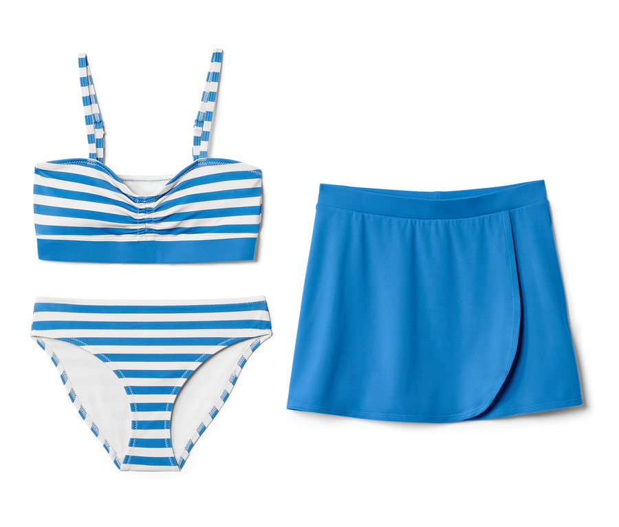 Un lot de bikini pour enfant, 3 pièces, à rayures bleues et blanches.