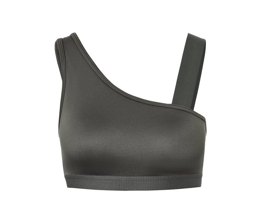Vue détaillée d'une brassière de sport olive avec une seule bretelle.